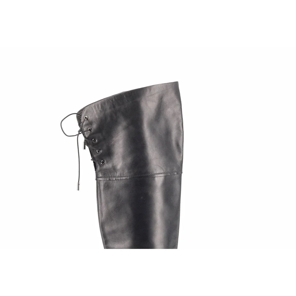 Black Leather Over The Knee Boots Lace Up Back Block Heel Tall Thigh High Boots